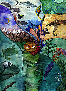 Mixed media ocean & fish picture.