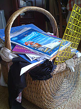 wicker basket full of quilting goods